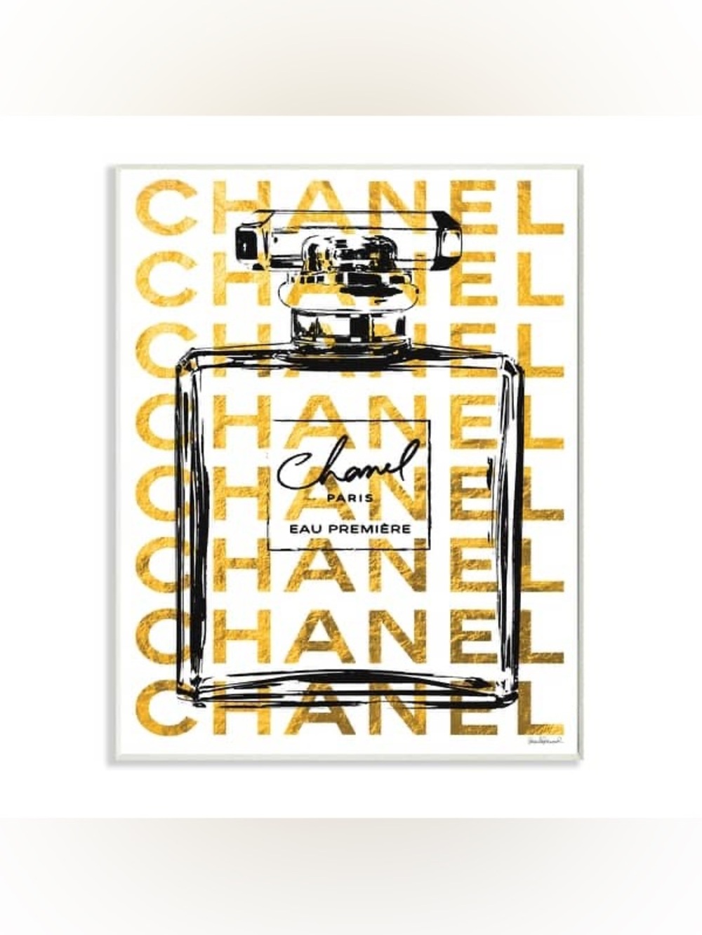 CHANEL Gold Typography with Black Perfume Bottle Art